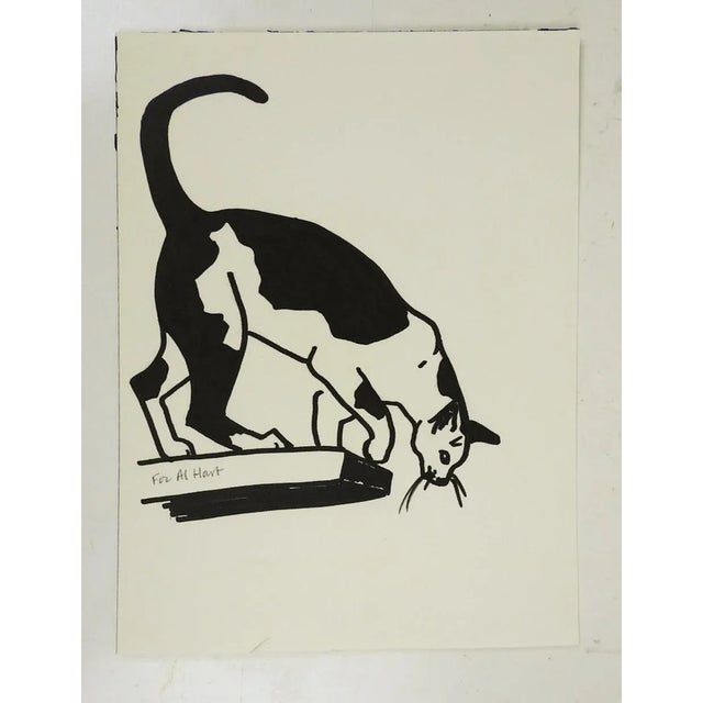 1980s 1987 Pen and Ink Drawing of Black and White Cat For Sale - Image 5 of 5
