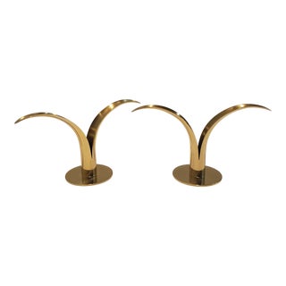 Pair of Mid-Century Modern Lily / Liljan Brass Candlesticks by Ivar Alenius Bork. Produced by Ystad Metall in Sweden. 1950s For Sale