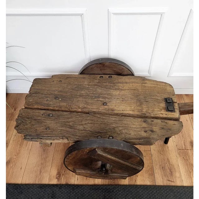 Gold Primitive Rustic Minimal Italian Wrought Iron Wheels Bar Table in Wood, 1890s For Sale - Image 8 of 11
