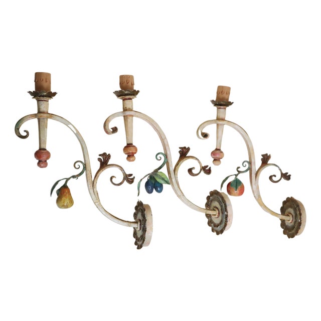 Large Hand-Forged Country House Wall Lamps with Apple, Plum and Pear, 1970s, Set of 3 For Sale