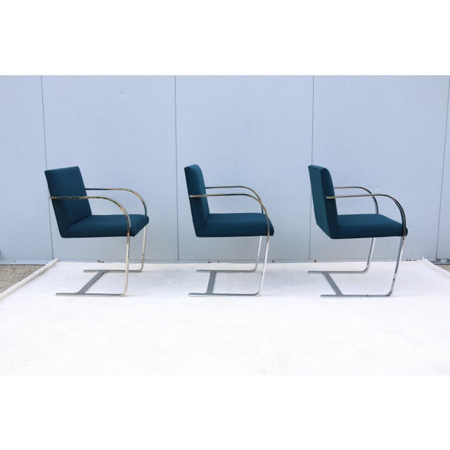 Ludwig Mies Van Der Rohe Brno Flat Bar Chairs in Blue Fabric by Gordon, Set of 3 For Sale - Image 12 of 18