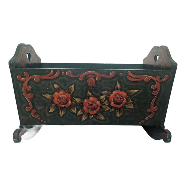 Vintage Hand-Painted Wooden Cradle, 1940s For Sale