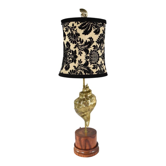 Vintage Cast Brass Conch Shell Table Lamp on Turned Wood Base For Sale