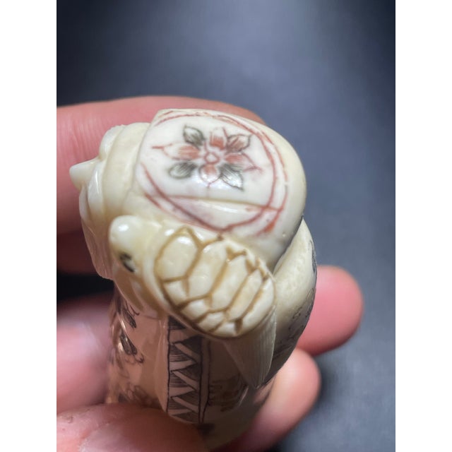 Japanese Netsuke Antique Carved Immortal With Turtle Japanese For Sale - Image 3 of 6