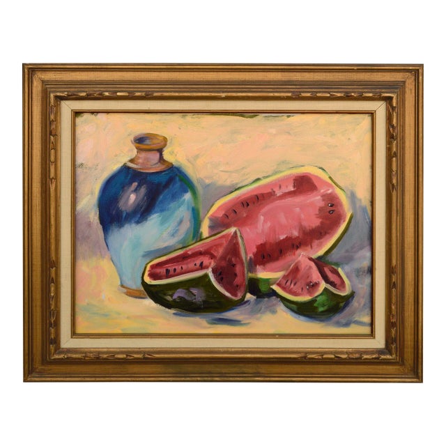 Watermelon and Blue Vase Still-Life by Sally Minton For Sale
