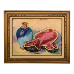 Watermelon and Blue Vase Still-Life by Sally Minton