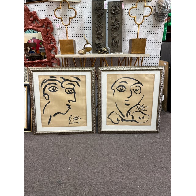 Fantastic pair of early paintings by Peter Keil. Each depicts a cubist abstract portrait in black. Signed P Keil Palma....