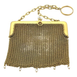 Late 20th Century 9k Yellow Gold & Pearls Mesh Purse Bag Circa Victorian For Sale