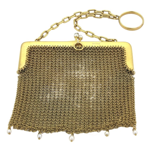 Late 20th Century 9k Yellow Gold & Pearls Mesh Purse Bag Circa Victorian For Sale