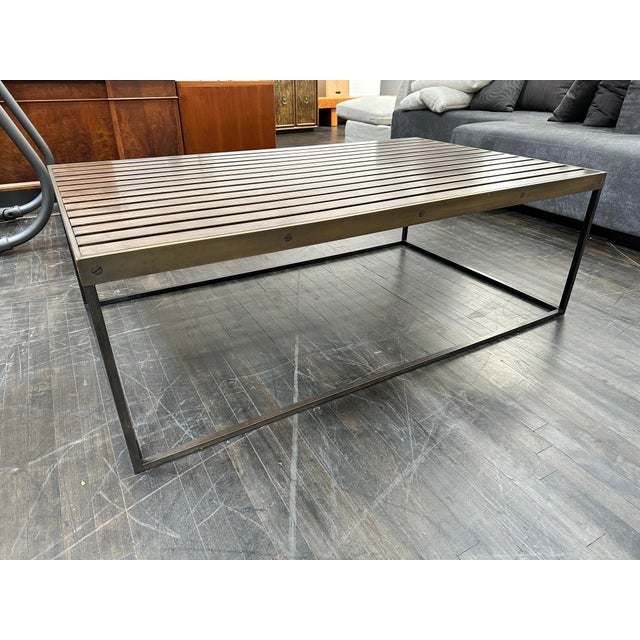Custom Design Wood Slatted Coffee Table + Brass Edges | Chairish