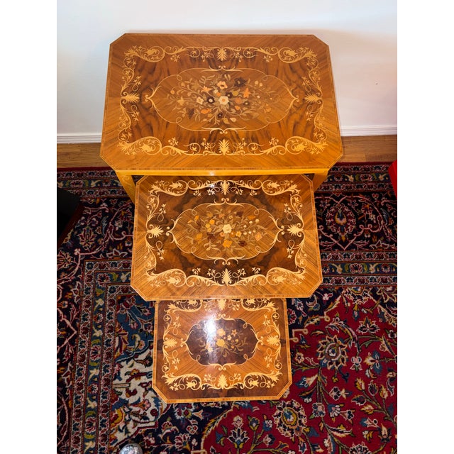 Sienna Italian Precious Woods Marquetry Set of 3 Nesting Tables With a Music Box in the Smallest Table For Sale - Image 8 of 8