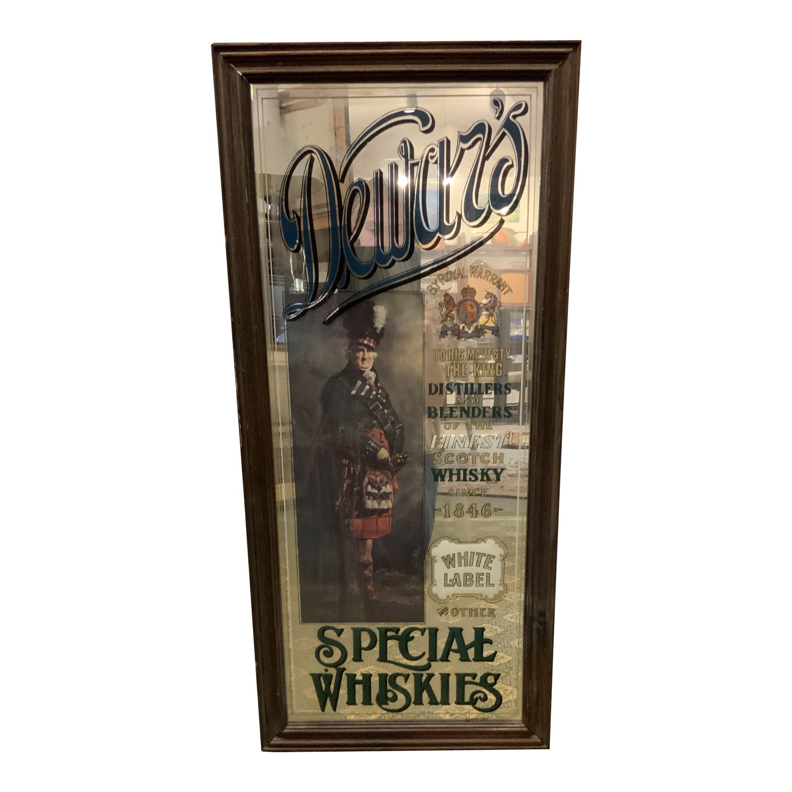 Vintage 1970s Framed Dewar's White Label Scotch Whisky Mirror Sign