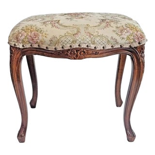 Antique 1930s French Louis XV Vanity Bench Ottoman With Floral Tapestry For Sale