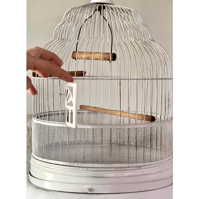 Metal Art Deco Period White Painted Metal Birdcage With Stand For Sale - Image 7 of 16