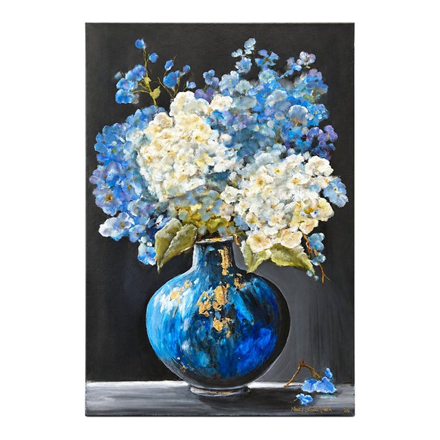 Vintage Original Signed Floral Still Life Painting of Blue Vase and Hydrangeas on Canvas For Sale