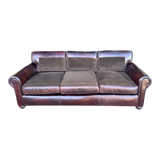 Restoration Hardware Medium Brown Leather Sofa With Feather-Filled Cushions For Sale - Image 10 of 10