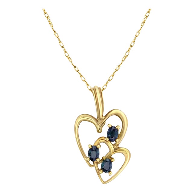 Double Heart Sapphire Gold Necklace 16" For Sale