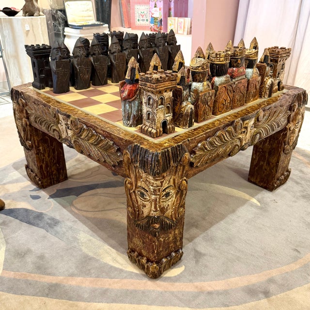 Brown Vintage Mid-Century Carved Chess Board Coffee Table With Chess Pieces For Sale - Image 8 of 16