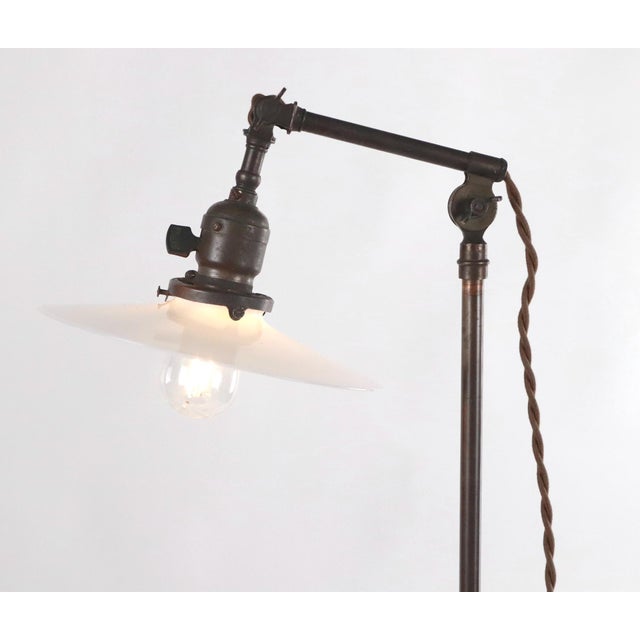 Vintage Industrial Brass Opal Disk Shade Floor Lamp For Sale - Image 4 of 9