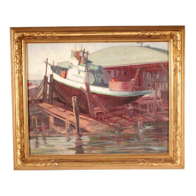 Painting of a Boat in Dry Dock by Sam Hyde Harris (1889-1977) For Sale