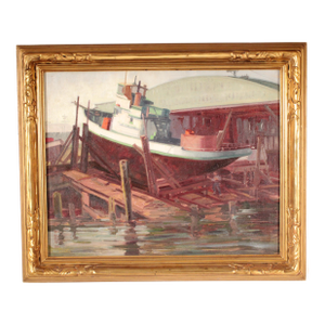 Painting of a Boat in Dry Dock by Sam Hyde Harris (1889-1977)