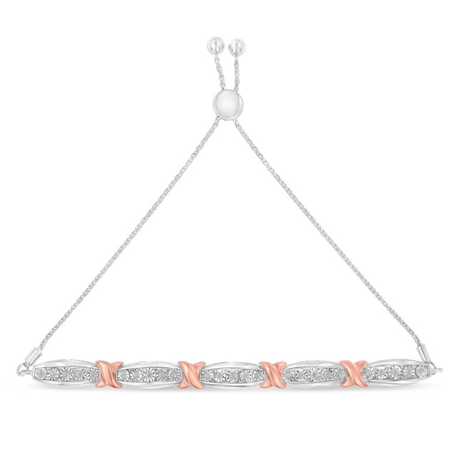 Contemporary .925 Sterling Silver 1/4 Cttw Round-Cut Diamond X & Tapered Bar Miracle-Set Bolo Bracelet (I-J Color, I3 Clarity) - Two Tone Rose Gold & Silver For Sale - Image 3 of 6