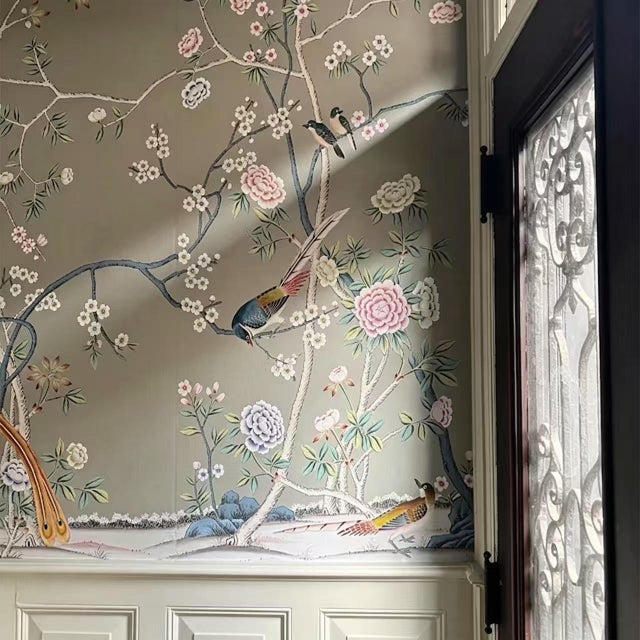 If you love the look of De Gournay wallpaper but not the price, this is for you. Gray Chinoiserie Peony Bird & Golden...