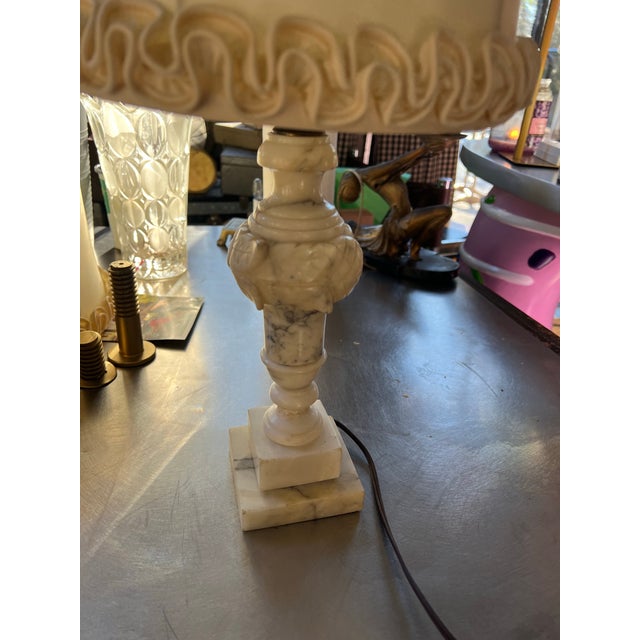 Vintage Detailed White Marble Table Lamp With Lampshade For Sale - Image 4 of 6