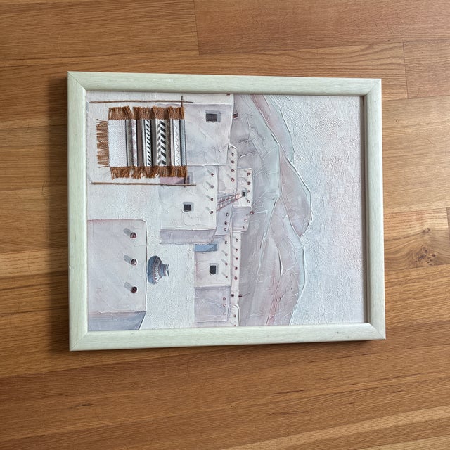 Original Painting of a Pueblo Scene. Textured Oil With Mixed Media, Rug Is Wool. Signature Appears to Say “Pilar”. Likely From 1980s. For Sale - Image 10 of 10