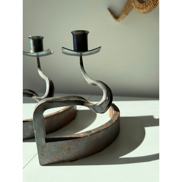 Metal Vintage Twisted Curvy Serpentine Forged Iron Candlestick Holders- a Pair For Sale - Image 7 of 7