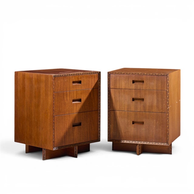 Frank Lloyd Wright for Henredon Taliesin Mid Century Mahogany Nightstands - Pair Each nightstand measures: 21.5 wide x 20...
