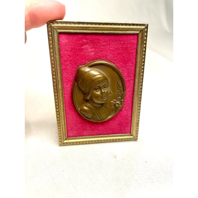 Vintage Renaissance Dutch Girl Brass & Red Velvet Cameo in Repousse' Style For Sale - Image 9 of 10