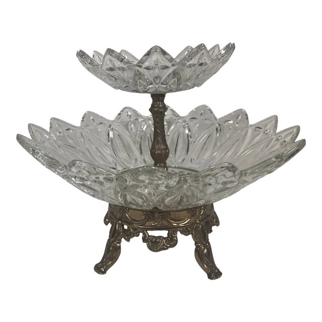 1950s Federal Glass Two-Tiered Serving Candy Dish With Brass Base For Sale