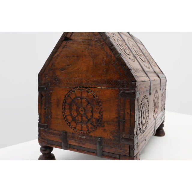 18th Century Carved Wooden Coffer with Slanted Lid and Iron Mounts, France For Sale - Image 11 of 14