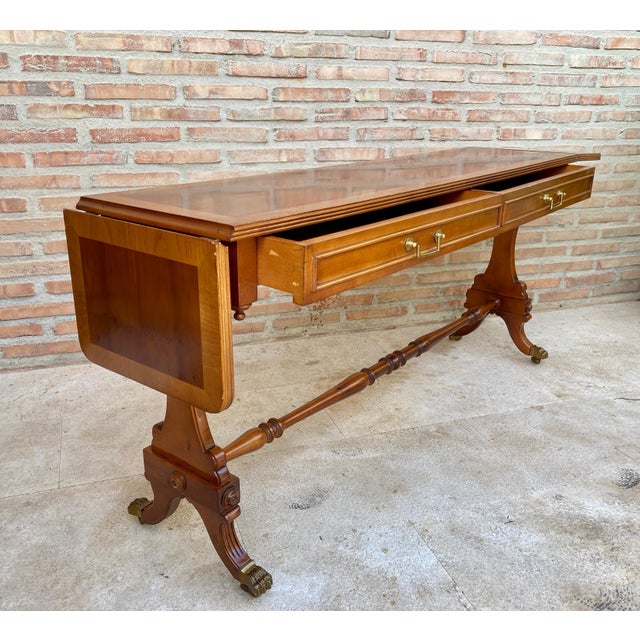Modern Mid 20th Century Winged Console Table in Walnut with Claw Feet in Bronze with Drawers and Wheels For Sale - Image 3 of 18