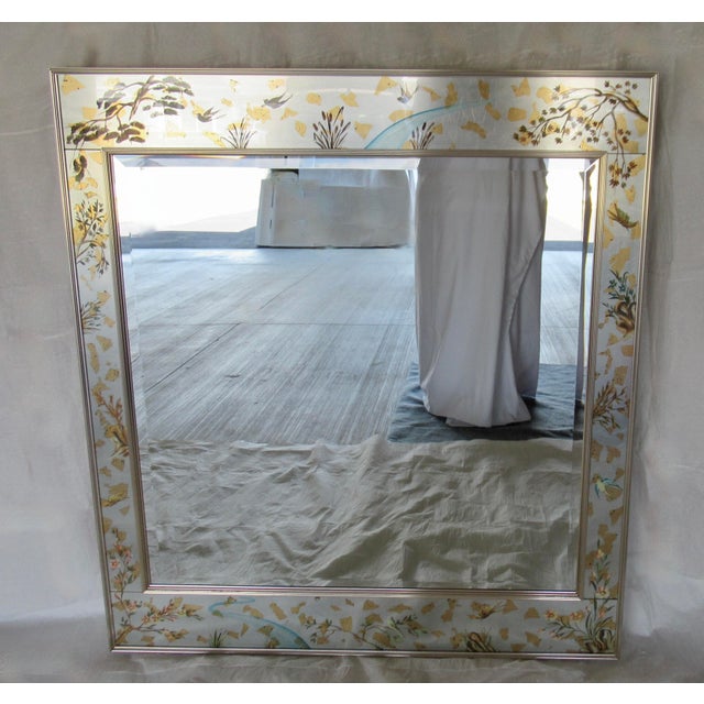 C.1970's LaBarge Chinoiserie-Style, Silver & Gold Leaf Burnished, Reverse Painted Eglomise Mirror For Sale In Rochester - Image 6 of 18