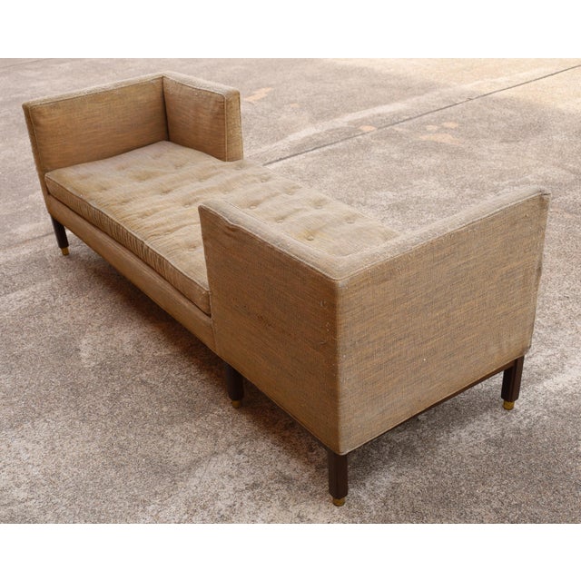 Iconic Edward Wormley for Dunbar Tet-a-Tete. Ready for fabric of your choice. Mahogany legs with brass caps, Dunbar decking.