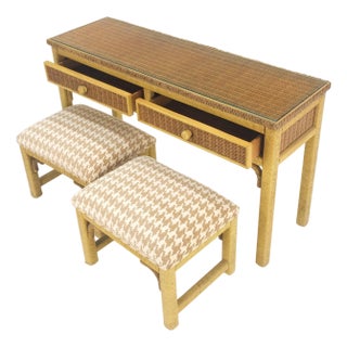 Mid Century Modern Wicker Glass Top Consoel Table w/ Pair of Matching Benches For Sale