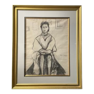 1980s Abstract Charcoal and Pencil Portrait Drawing of a Woman by Michael Thomas, Framed