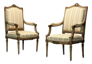 Maison Jansen Attr, Louis Xvi, Painted Wood, Fabric, Arm Chairs, France, 1940s