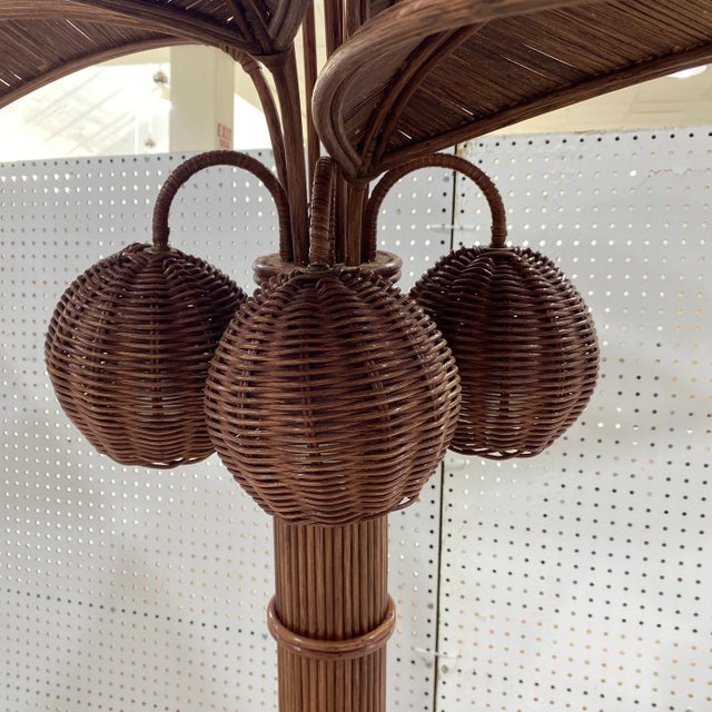 1970s Mario López Torres Style Rattan and Wicker Palm Tree Floor Lamp For Sale In Atlanta - Image 6 of 12
