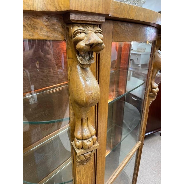 Antique Tiger Oak, Lighted Curio Cabinet, Four Glass Shelves, Hand Carved, Glass Door For Sale - Image 10 of 13