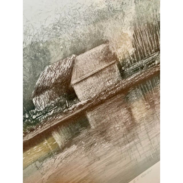1980's Original Artist Signed Lithograph Print on Handmade Paper Titled 'Water Barn', Framed For Sale - Image 12 of 13