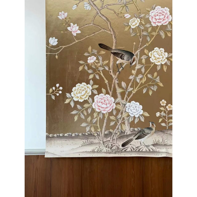 Exclusive custom order: 3 panels of gold foil hand-painted floral bird chinoiserie artwork. Pre-production mockup will be...