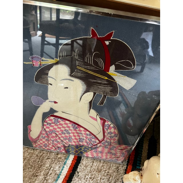 Metal Asian Framed Vintage Textile Art of a Woman For Sale - Image 7 of 10