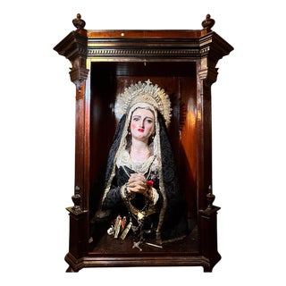 Salzillo, Our Lady of Sorrows, 18th Century, Polychrome Wood with Silver Crown in Display Case For Sale