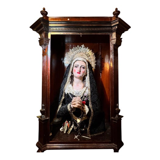 Salzillo, Our Lady of Sorrows, 18th Century, Polychrome Wood with Silver Crown in Display Case For Sale