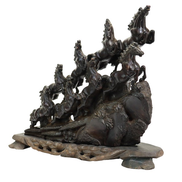 Chinese Feng Shui 8 Running Horses Carved Black Jasper Grouping & Wood Base C1920 For Sale - Image 3 of 7