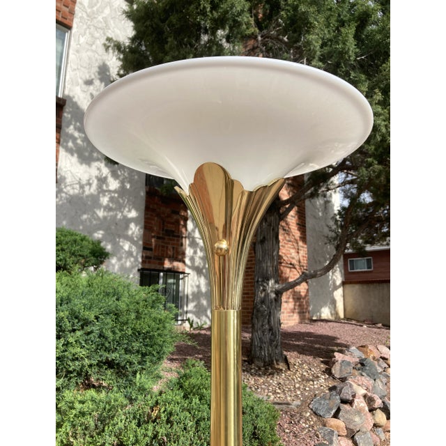Mid-Century Modern Modernist Solid Brass Tulip Torchiere Floor Lamp Milk Glass Diffuser by the Stiffel Company For Sale - Image 3 of 13