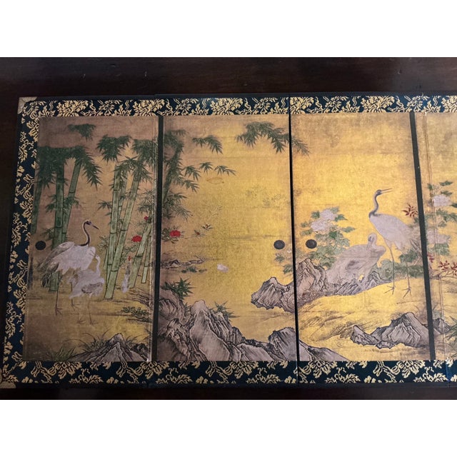 Vintage Asian-Inspired Four-Panel Tabletop Folding Screen With Cranes & Bamboo Designs. For Sale In Dallas - Image 6 of 12
